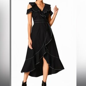 WAYWARD FANCIES Ruffle Cold Shoulder Cotton Poplin Faux Wrap Dress small
